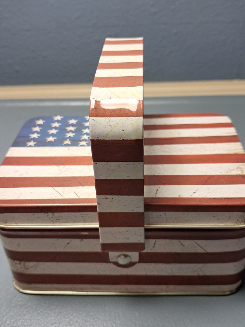 Patriotic Striped Metal Storage Box - Red, White & Blue, Shaker Sewing Tin